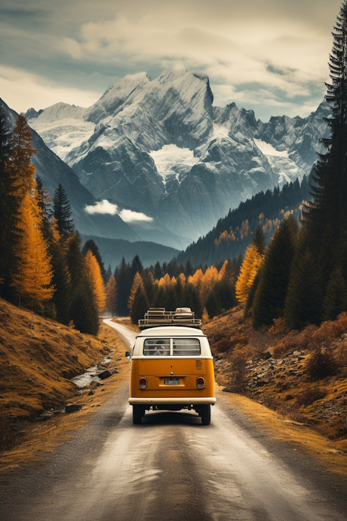 Camper van driving through the mountains